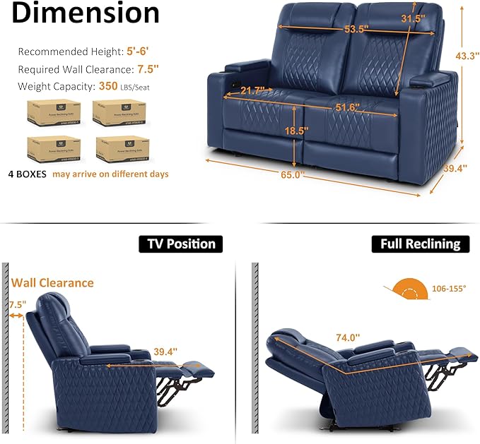 MCombo 65" Zero Gravity Oversized Power Reclining Loveseat with Adjustable Headrest for Living Room, Double Recliner Sofa with USB & Type C Port, Armrest Storage & LED Light HTS401SET