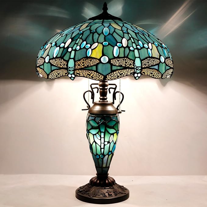 WERFACTORY Tiffany Table Lamp Sea Blue Stained Glass Dragonfly Style 16X16X24 Inches Mother-Daughter Vase Desk Reading Light Decor Bedroom Living Room Home Office S147 Series