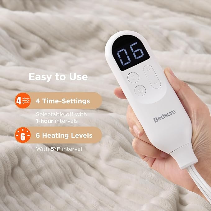 Bedsure GentleSoft Heated Blanket Throw - Soft Ribbed Flannel Electric Blanket, Heating with 4 Time Settings, 6 Heat Settings, and 3 hrs Timer Auto Shut Off, Gifts for Grandma (50x60 inches, Cream)