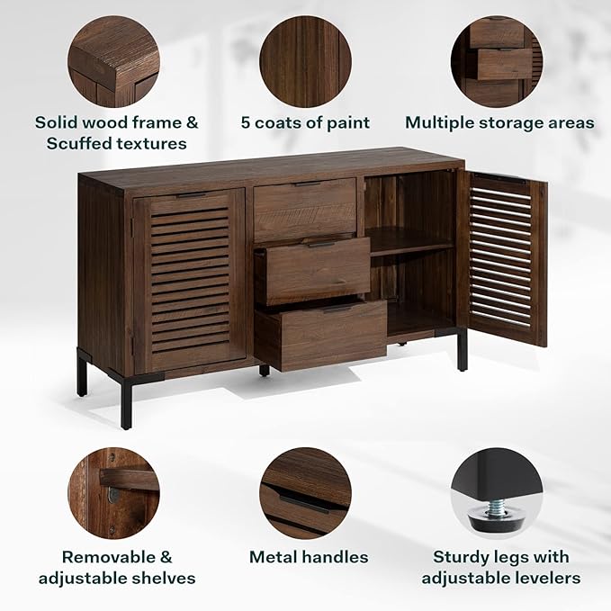 Bme Millie Solid Wood Sideboard Storage Cabinet with Storage, Pre-Assembled with 3 Drawers & 2 Doors, Adjustable Shelves