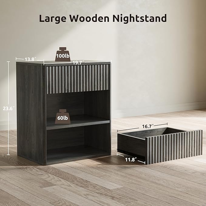 Nightstand Bedside Table Storage Drawer - Large Mid Century Modern Night Stand with Fluted Wood Storage Drawer and Open Shelf Bed Side Table for Living Room Study Room, Modern Gray, Set of 1