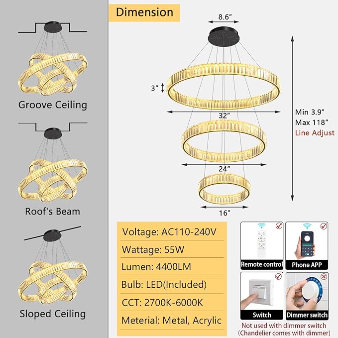 16‘’+24‘’+32'' Modern Ring Chandelier Crystal Chandeliers for Dining Room Round LED Dimmable Ceiling Light Fixture for Living Room Bedroom Lighting Black