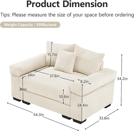 KEIKI 54" Oversized Corduroy Modular Sectional Single Sofa with High-Density Foam Cushions, Extra-Thick Armrests, Upholstered Modern 1-Seater Lounge Accent Chair with 3 Pillow, for Living Room, Beige