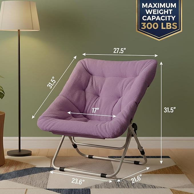 Tiita Comfy Folded Chair, Soft Faux Fur Oversized Folding Accent Chair, Lazy Chair for Teens Adults, Metal Frame Moon Chair for Bedroom, Living Room, Dorm Rooms