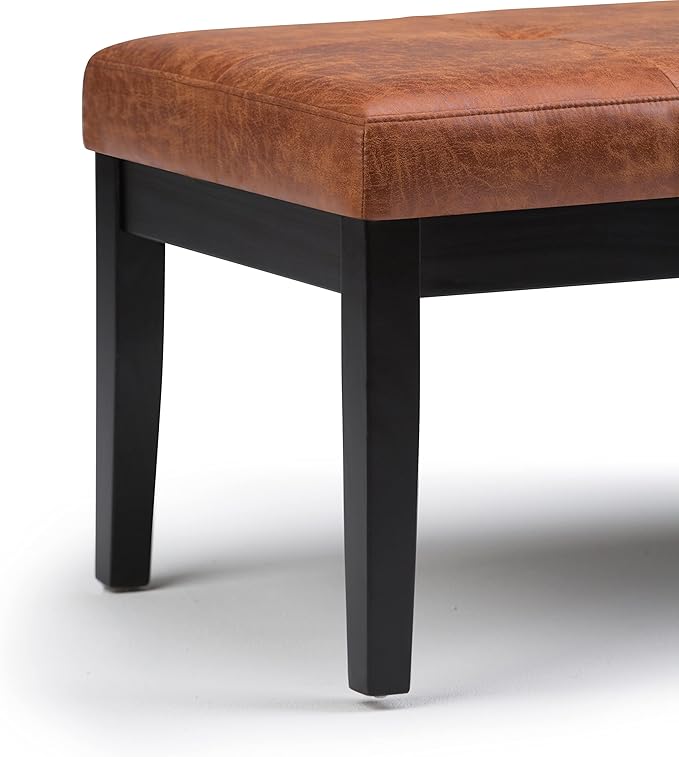 SIMPLIHOME Lacey Tufted Ottoman Bench - 41 inch Wide Upholstered Vegan Leather Rectangle Ottoman in Distressed Saddle Brown, Contemporary Bench for Bedroom or Entryway with Stitching Detail, Assembled