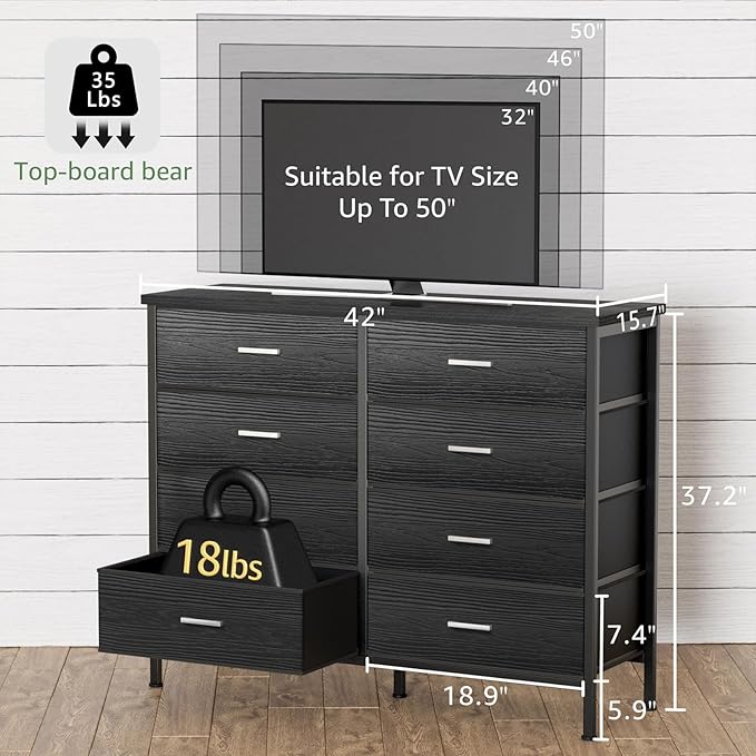 BOLUO Black Dresser for Bedroom 8 Drawer, Wide Dresser TV Stand for 50" TV Dressers & Chests of Drawers Fabric Dresser for Closet Modern