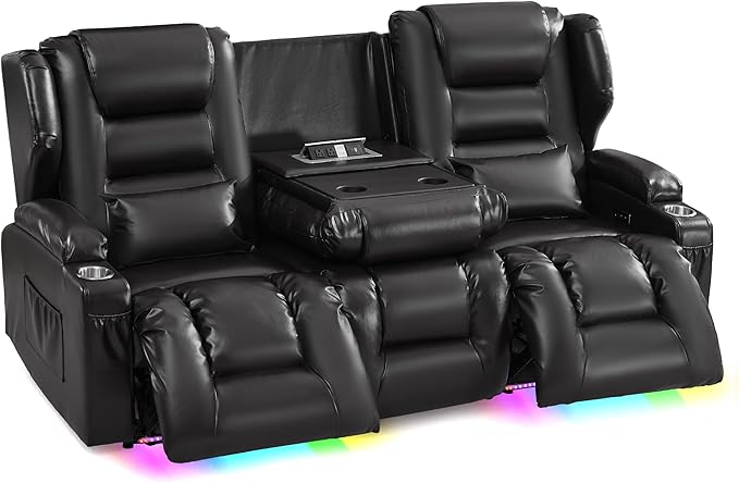 SAMERY Power Loveseat Recliner Sofa, Wall Hugger Reclining Loveseat Sofa, Movie Home Theater Seating with Flip-Backrest, Solid Wood Top, Ambient LED Lights, USB-C, Outlets, Faux Leather, Black | Extra Wide Seat