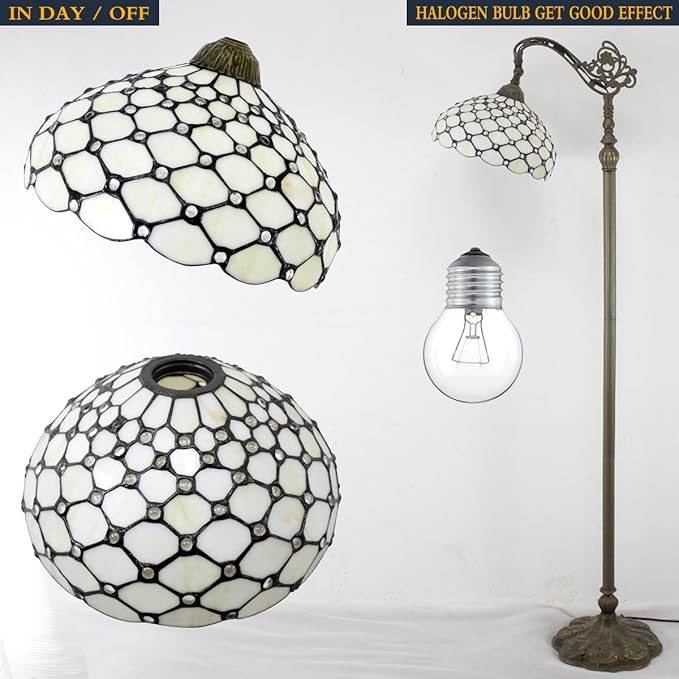 WERFACTORY Tiffany Lamp Shade Replacement 12X10X6 Inch Cream Amber Stained Glass Bead Lampshade Only 1-5/8-Inch Fitter Opening for Arched Floor Lamp, Torchiere Lamp, Pendant Light S005 Series