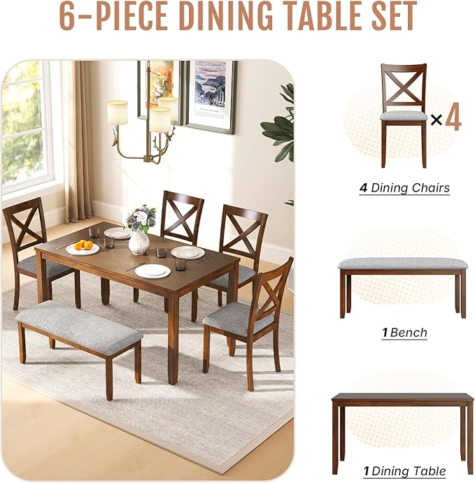 6-Piece Wooden Dining Table Set, Dining Table Set for 6, Including 1 Dining Table, 4 Upholstered Chairs and 1 Bench, Wooden Legs Dining Table, Table Set for Dining Room & Kitchen, Walnut