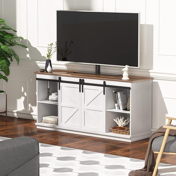 YESHOMY Farmhouse TV Stand for Televisions up to 65 Inches, Sliding Barn Doors and Storage Cabinets, Console Table and Media Furniture for Living Room, 58 Inch, White