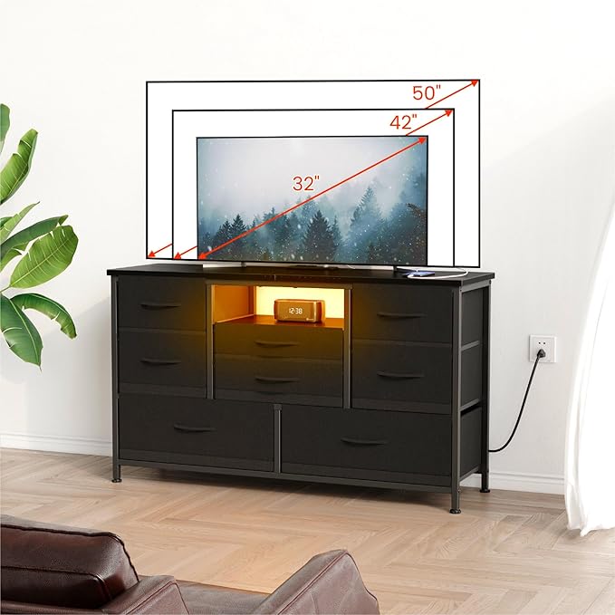 Jojoka 8-Drawer LED Dresser TV Stand with Power Outlet for 55'' TV - Wide Storage Chest for Bedroom, Living Room & Entryway, Wood Top Console Table with 22 Light Modes