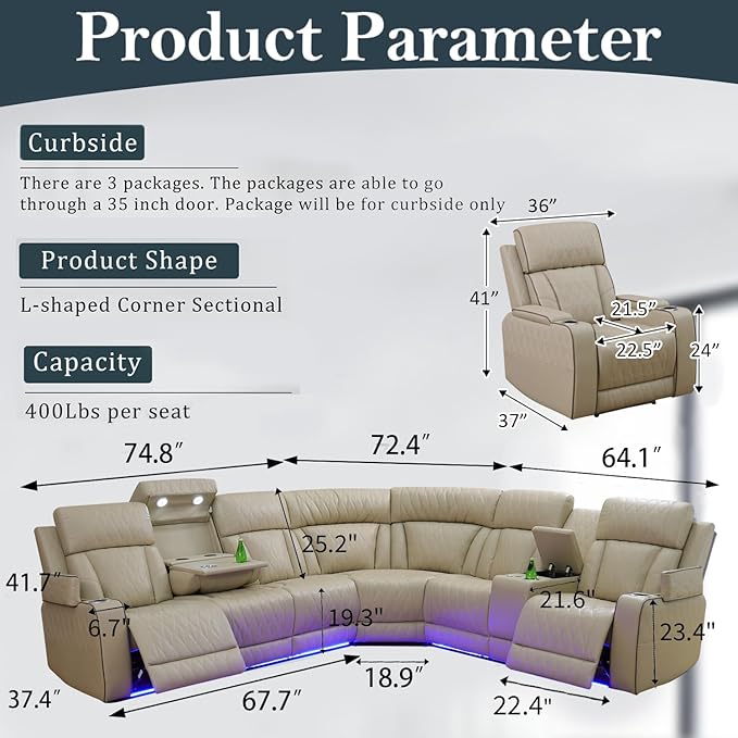 Power Recliner Sectional Sofa Set, Beige Leather Sectional Couch and Chair for Living Room, L Shape Reclining Sofa with Cup Holder, Hidden Storage, Drop-Down Table for House(7 Seat)