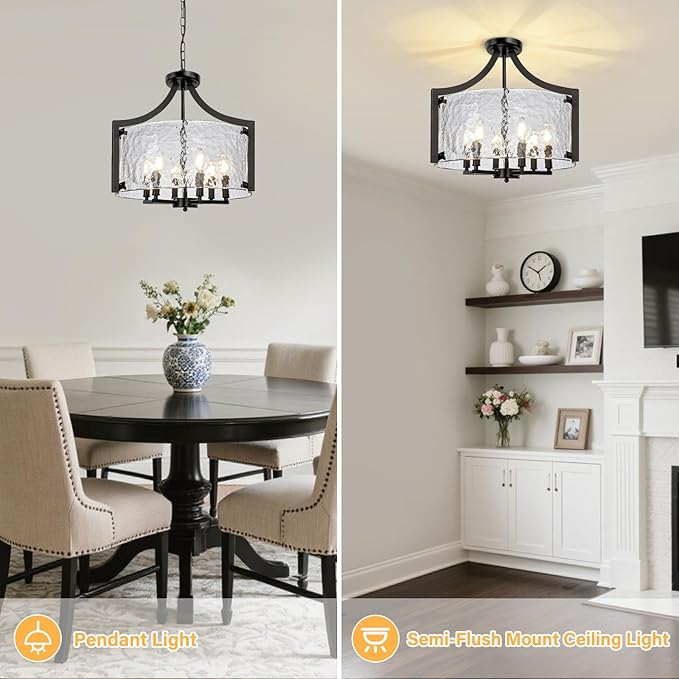 6-Light Black Chandelier, Glass Hanging Pendant Lighting, Convertible Semi Flush Mount Ceiling Light Fixture Modern Textured Glass Chandeliers for Dining Room Kitchen Foyer Entryway
