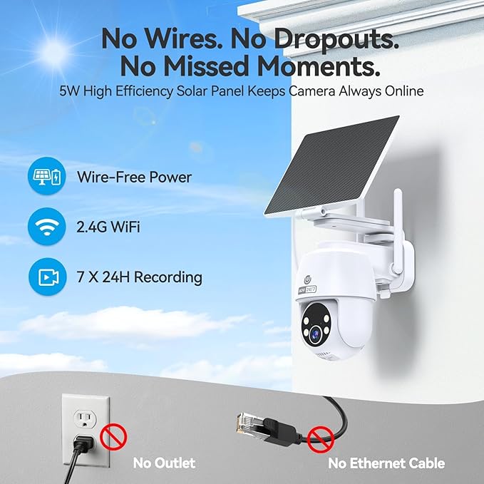 MUBVIEW 24/7 Continuous Recording Wireless Outdoor Security Camera, 2.4G WiFi, 2K Solar Powered, 360° PTZ, Auto Tracking, SD Included, Optional Cloud Storage, AI Detection, Night Vision(White,1 Pack)