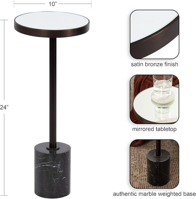 Kate and Laurel Hescott Modern Mirrored Drink Table; 10 x 10 x 24; Black Marble and Bronze; Contemporary Round Accent Table with Premium Marble Base and Mirror Tabletop