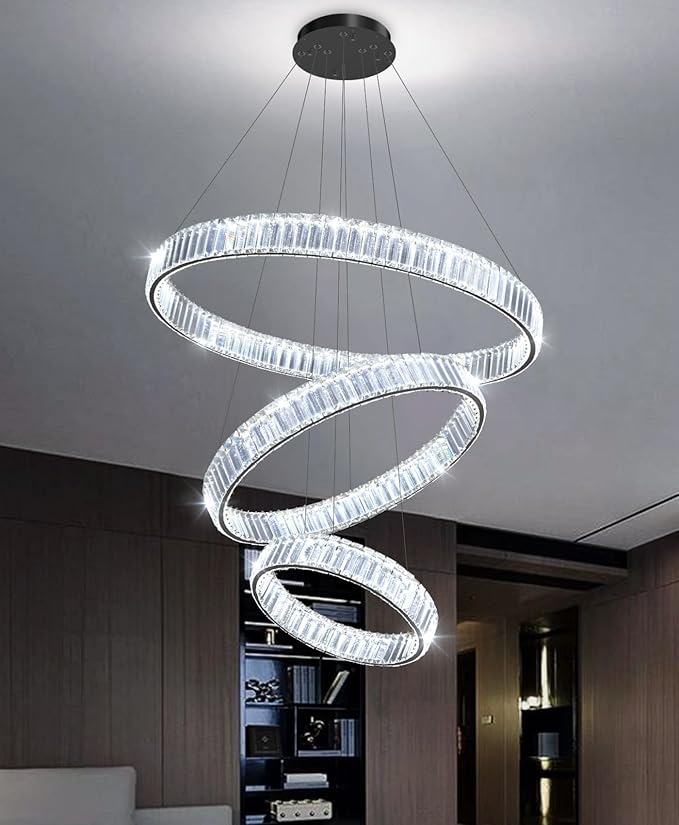 16‘’+24‘’+32'' Modern Ring Chandelier Crystal Chandeliers for Dining Room Round LED Dimmable Ceiling Light Fixture for Living Room Bedroom Lighting Black