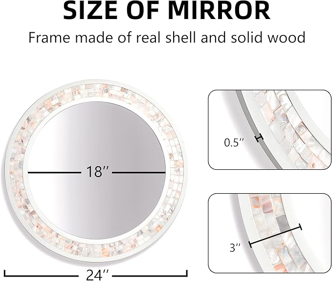 Tanmicoshomy 24 Inch Round Wall Mirror with Mother of Pearl Frame, White Circle Mirrors with Tempered Glass, Shatterproof for Bathroom, Bedroom or Entryway