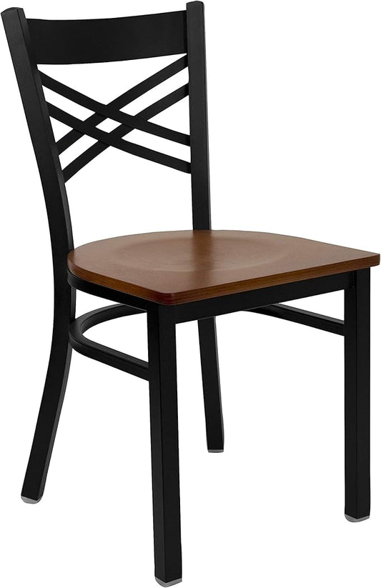 Flash Furniture HERCULES Series Black ''X'' Back Metal Restaurant Chair - Cherry Wood Seat