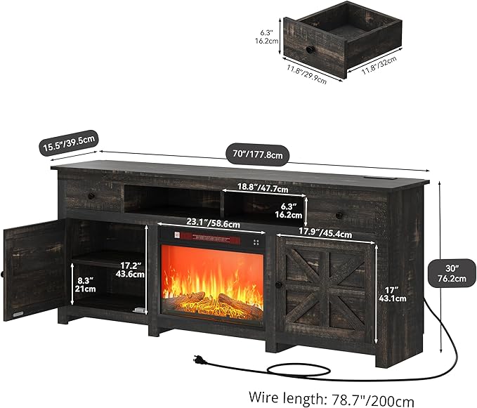 YITAHOME Electric Fireplace TV Stand for TVs up to 80 Inches, Entertainment Center with Fireplace, Farmhouse TV Stands with Storage Drawers & Cabinets for Living Room (Dark Rustic Oak)