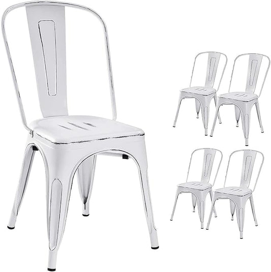 Devoko Metal Indoor-Outdoor Chairs Distressed Style Kitchen Dining Chairs Stackable Side Chair with Back Set of 4 (White)