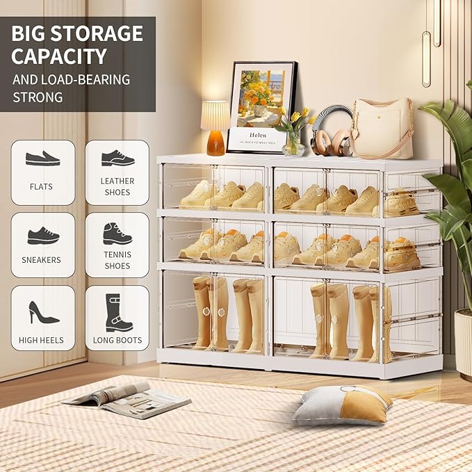 3-Tier Foldable Shoe Rack for Closet Entryway 6-12Pairs,Stackable Clear Shoe Storage Boxes Organizer with Door Plastic Small Shoe Cabinet Bins with Lids Shoes Shelf Easy Assembly White