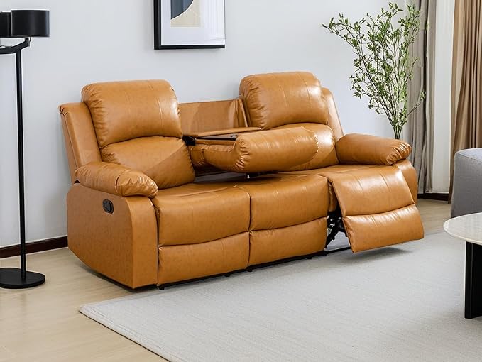 Manual Reclining Sofa 3 Seater Recliner Sofa Couch Living Room Furniture Modern Leather Reclining Sofa with Cup Holders & Flip-Down Table for Living Room/Office/Rv Car (Ginger, 3 Seater Sofa)