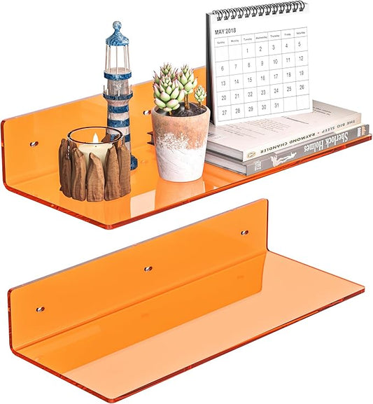 15 Inches Orange Acrylic Wall Shelves 2 Pack, L Shape Floating Shelf, Perspex Wall Mounted Shelves for Home Décor, Model Car, Candle, Calendar, Towel, Tissue