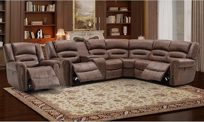 EBELLO Faux Leather Reclining Sectional Sofa Set, L-Shaped Power Corner Couch Home Furniture Set with Storage Console, Cup Holders, USB Port(Coffee Brown,Sofa with Recliner)
