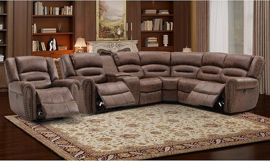 EBELLO Faux Leather Reclining Sectional Sofa Set, L-Shaped Power Corner Couch Home Furniture Set with Storage Console, Cup Holders, USB Port(Coffee Brown,Sofa with Recliner)