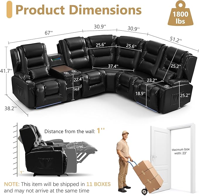 SAMERY Recliner Sectional Couch, Power Reclining Sectional Sofa, Wall Hugger Recliners RV Couch with Corner Couch, Flip-Backrest, Lift-Top Table, Ambient Lights, USB, Faux Leather, Black | Extra Wide Seat, Plush Padding, Dual Power Recline, Lift-Up Tab...