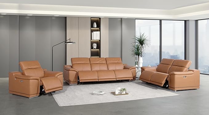 Blackjack Furniture Venice Top Grain Italian Leather 6 Power Recliner Seaters 3 Piece Sofa Set with Adjustable Headrests Modern Luxury Seating Sofa, Loveseat and Chair for Living Room Lounge, Cognac