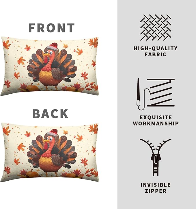 Thanksgiving Pillow Covers 12x20 Set of 2 Turkey Maple Leaves Pumpkin Lumbar Pillow Case Seasonal Fall Harvest Farmhouse Cushion Case for Outdoor Couch Patio
