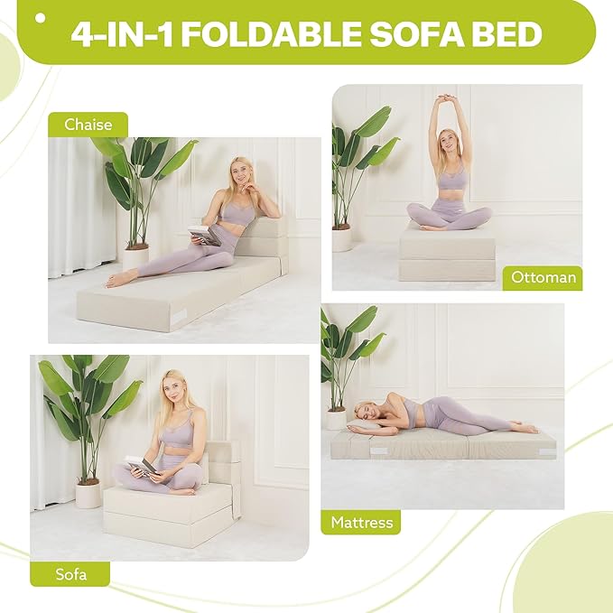 Fvkind Folding Sofa Bed, 4 in 1 Convertible Fold Out Single Chair Bed with Pillow, Memory Foam Futon Chair, Foldable Futon Couch, Foldable Sofa Mattress for Living Room, Bedroom, Guest Room, Beige