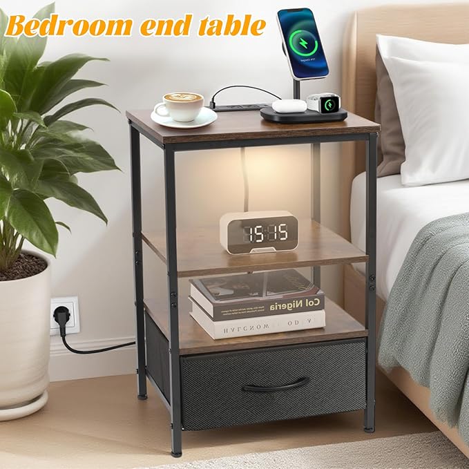Night Stand with Charging Station, Bedside Table with Adjustable Fabric Drawers, End Table with LED Lights, Side Table with USB Ports Open Shelf for Bedroom, Black