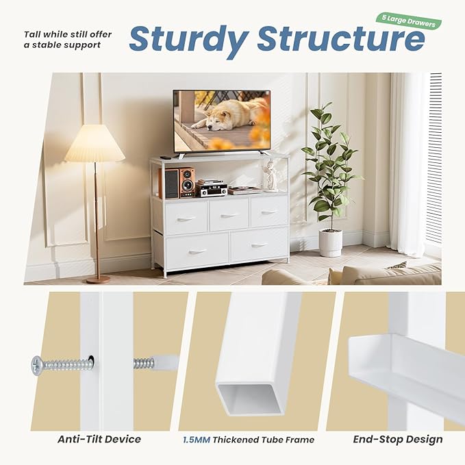 NEWBULIG 5 Drawer TV Stand with Wood Top, Entertainment Center for 45 inch TVs & Fabric Storage Organizer, Adjustable Feet, for Bedroom & Living Room,White02