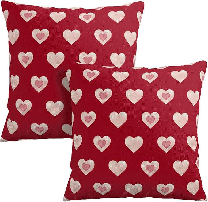 Valentine Day Outdoor Throw Pillow Covers 18x18 Set of 2 Red Pink Heart Pillows Cases Valentines Decorative Cushion Covers for Bed Couch Sofa Living Room