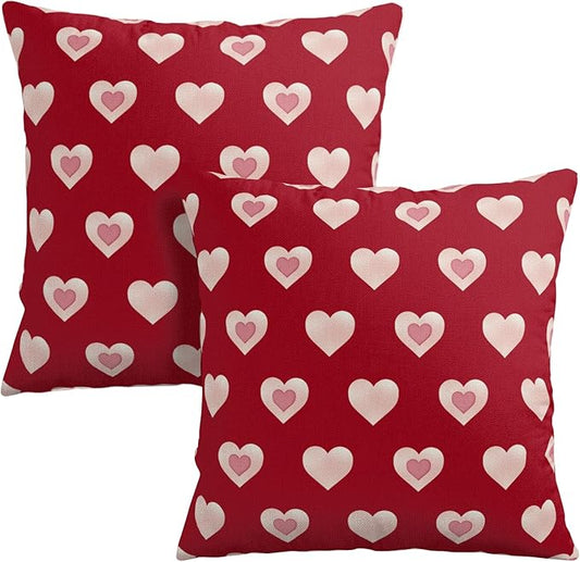 Valentine Day Outdoor Throw Pillow Covers 20x20 Set of 2 Red Pink Heart Pillows Cases Valentines Decorative Cushion Covers for Bed Couch Sofa Living Room