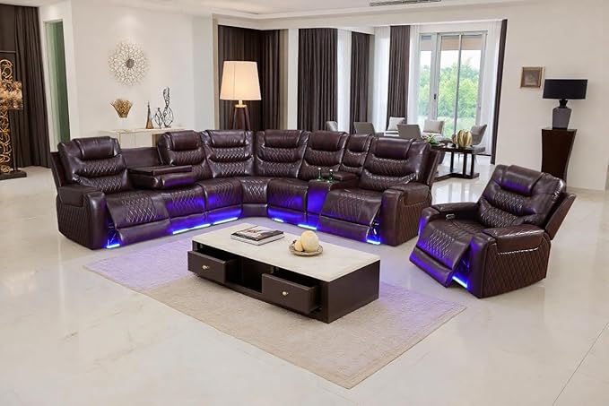 Power Reclining Sectional Sofa Set with LED Light, Leather Sectional Couches, Living Room Furniture Sets, Modern Power Recliner Sofa Sets with 3 Recliner Seater, Couches for Living Room