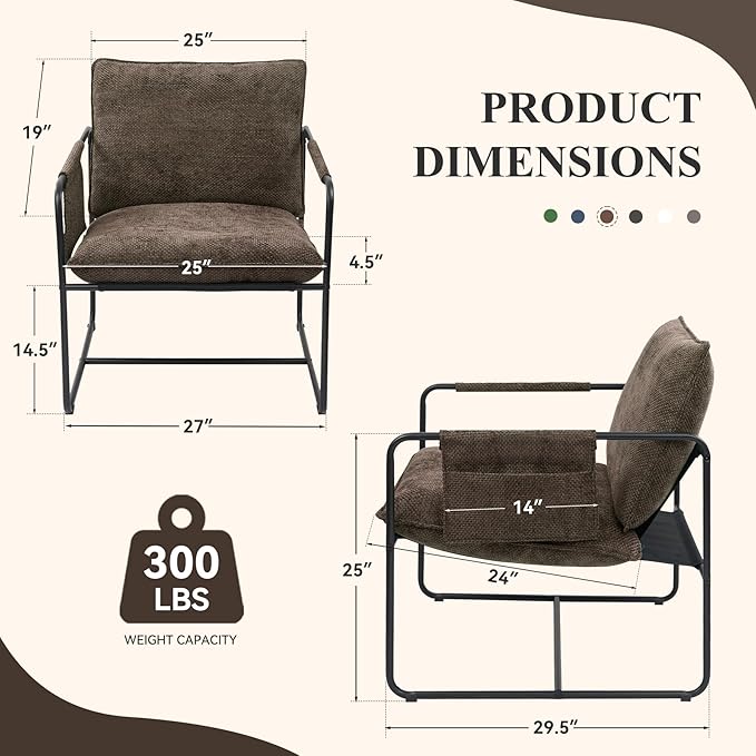 Accent Chair with Metal Frame, Upholstered Living Room Chairs with Cushions, Comfy Reading Armchair for Bedroom Brown