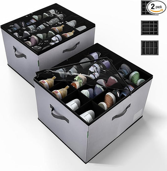 2 Pack Shoe Organizer for Closet, Foldable Fabric Shoe Storage Box with Adjustable Dividers and Clear Dustproof Cover, Large Collapsible Shoe Bins & Containers, Holds up to 32 Pairs, Gray