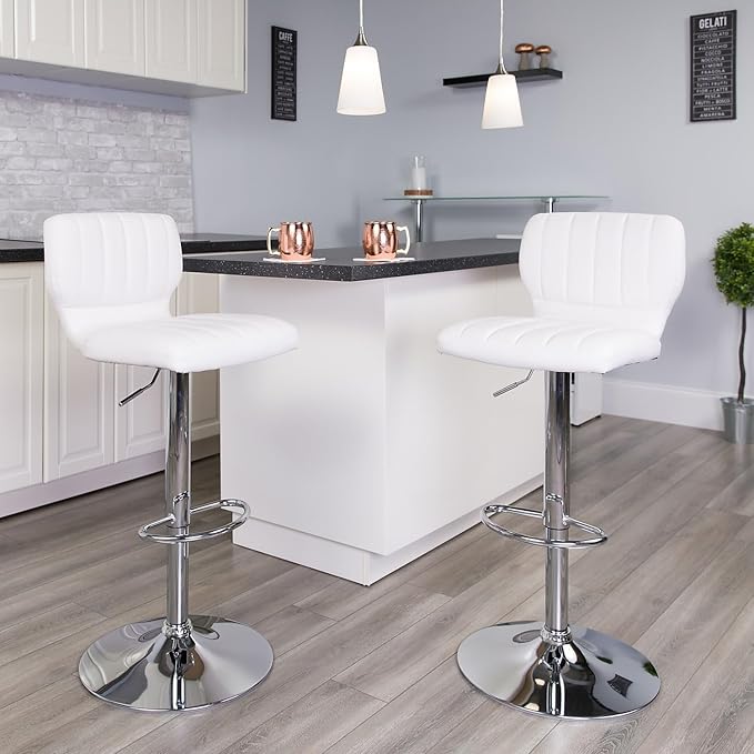 Flash Furniture Samantha Contemporary White Vinyl Adjustable Height Barstool with Vertical Stitch Back and Chrome Base (Pack of 2)