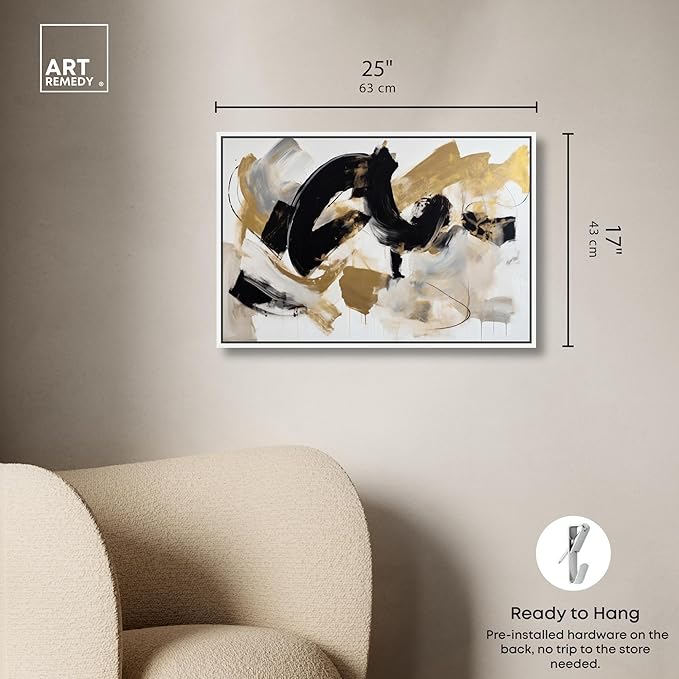 Art Remedy Moved Abstraction Canvas Modern Black White Abstract Wall Art, White Frame, 24" x 16"