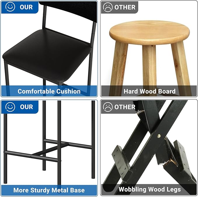 GAOMON Bar Stools Set of 2, Kitchen Bar Stools with Footrest, Black Metal Frame Upholstered PU Leather Bar Chairs with Footrest for Kitchen Island Home, Easy Assembly,Black