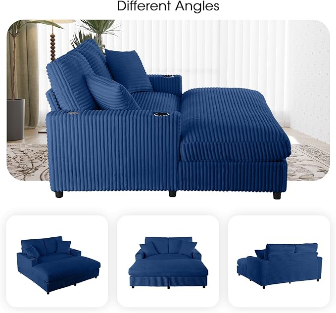Eafurn 64" Oversized Chaise Lounge Chair Indoor, Plush Corduroy Upholstered Sofa Bed with Pillows & 2 Cup Holders, Extra Wide Deep Seat Sleeper Couch Recliner Chair for Living Room | Removable Cushions, Wooden Frame, Solid Legs