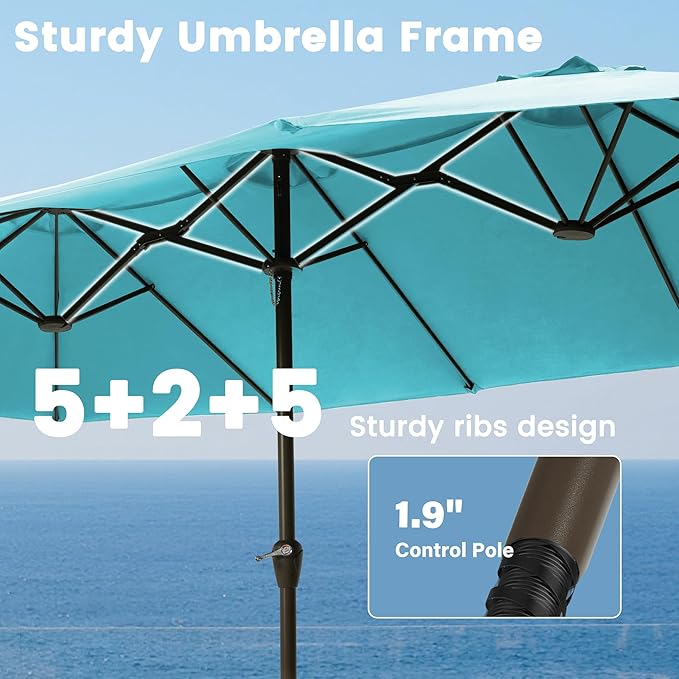 Ayge 15FT Patio Umbrella with Base,Large Outdoor Double-Sided Rectangle Umbrella with Crank Handle, Market Umbrella for Poolside Garden Deck Backyard Beach Pools,Brown