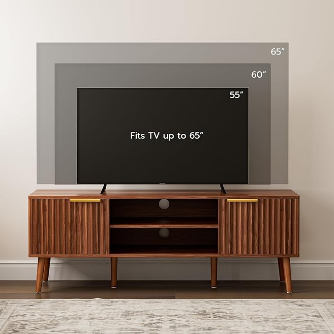 TV Stand for Living Room, Mid Century Modern Entertainment Center for 55/60 inch TVs, TV Console with Fluted Door Cabinets and Open Shelves, for Bedroom, Walnut