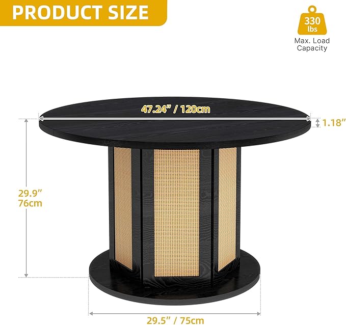 YITAHOME Round Dining Table for 4-6 People 47 Inch Circle Dining Table with Wooden Rattan Base Modern Farmhouse Kitchen Table Round for Dining Room Kitchen Apartment, Black