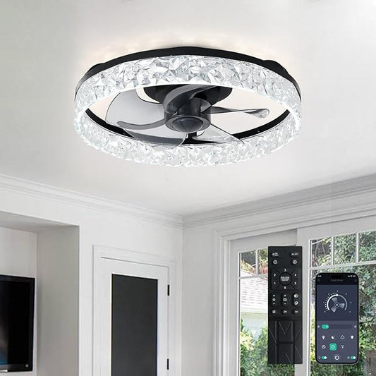 Depuley Ceiling Fans with Lights and Remote: 16" Modern Low Profile Flush Mount Ceiling Fan with App Remote Control - Black Fandelier for Bedroom Living Room Kitchen Dimmable Quiet DC Motor