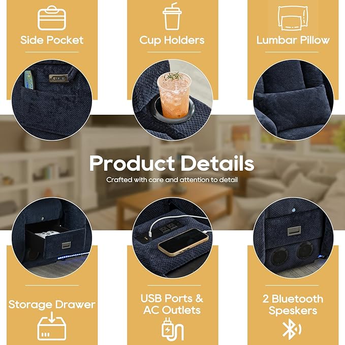 IPKIG Power Recliner Sofa with Flip-Up Backrest Console, USB & USB-C Ports, AC Outlet, LED Lights, Wall Hugger Recliners for Living Room, RV (Navy Blue, 67" - 3 Seat) | Velvet Fabric, Zero Gravity, Dual Reclining, 2 Lumabr Pillow, Bluetooth Speakers