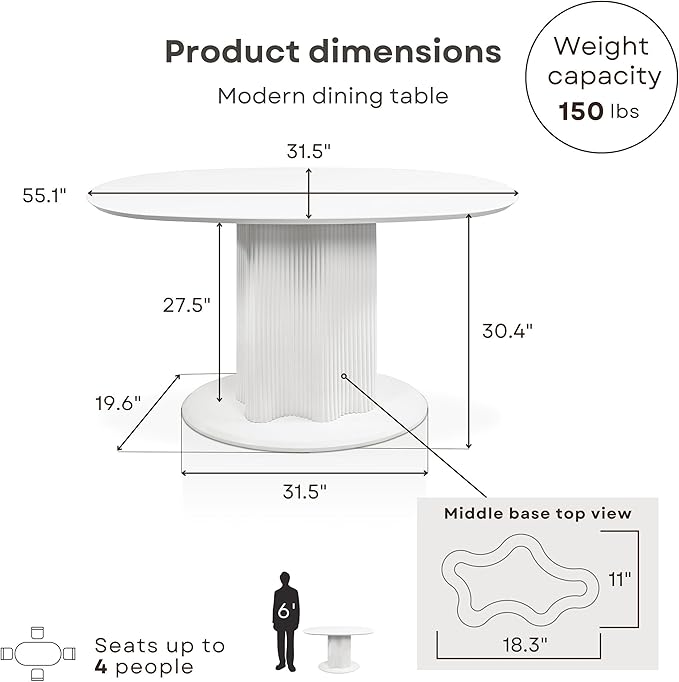 Homes: Inside + Out Elara Modern 54-inch Oval Dining Table with Fluted Pedestal Base, Seats up to 4, for Home Kitchen, Living Room, Glossy White
